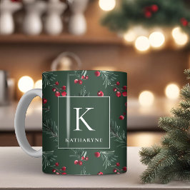 Dark Green Winter Watercolor Botanic Monogram Kaffeetasse
