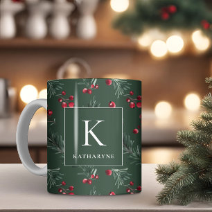 Dark Green Winter Watercolor Botanic Monogram Kaffeetasse