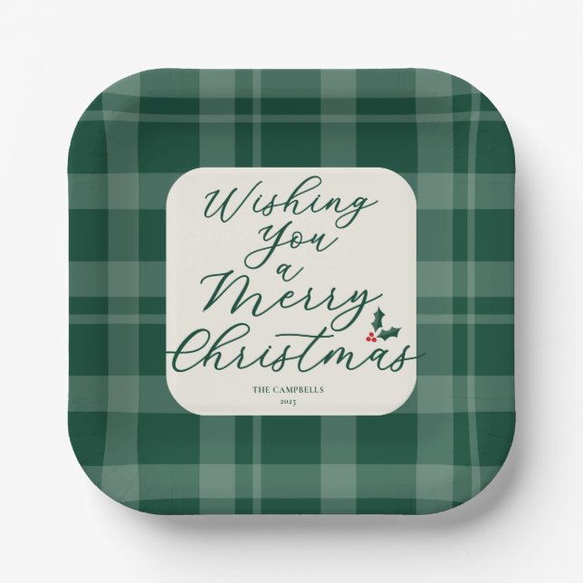 Dark Green Wishing You A Merry Christmas Plaid Pappteller (Vorderseite)
