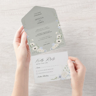 Dark Grey Flowers Tear-Off RSVP | Modern Wedding All In One Einladung