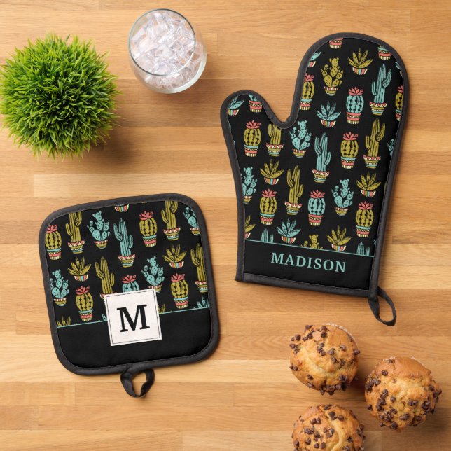 Dark Grunge Cactus Pattern Ofenhandschuh & Topflappen-Set (Oben Unten)