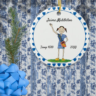Dark Hair Cadette Girl Scouting Blue Heart Form Keramik Ornament