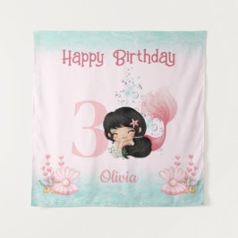 Dark Hair Mermaid Birthday Pink Banner Wandteppich