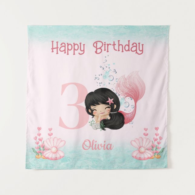 Dark Hair Mermaid Birthday Pink Banner Wandteppich (Vorderseite)