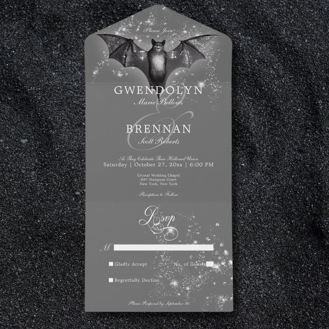 Dark Halloween Glam Bat & Diamonds Kein Abendessen All In One Einladung (Dark Halloween Glam Bat & Diamonds No Dinner All In One Invitation)