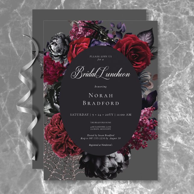 Dark Halloween Glam Floral Black Bridal Luncheon Einladung (Dark Halloween Glam Floral Black Bridal Luncheon Invitation)