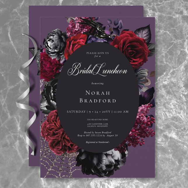 Dark Halloween Glam Floral Lila Bridal Luncheon Einladung (Dark Halloween Glam Floral Purple Bridal Luncheon Invitation)