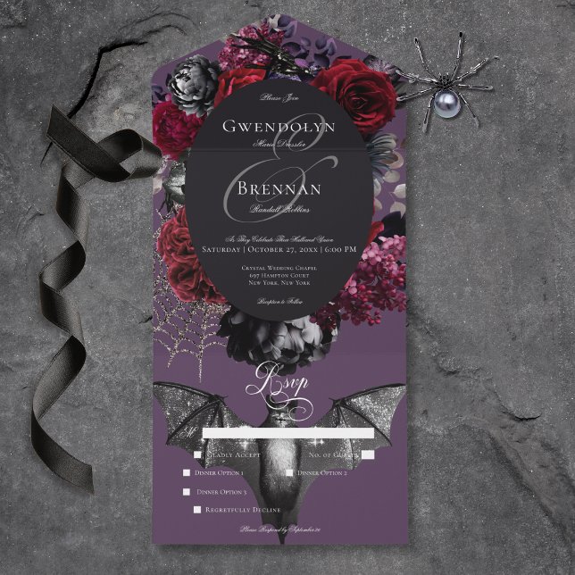 Dark Halloween Glam Floral Lila Hochzeitsessen All In One Einladung (Dark Halloween Glam Floral Wedding Dinner All In One Invitation)