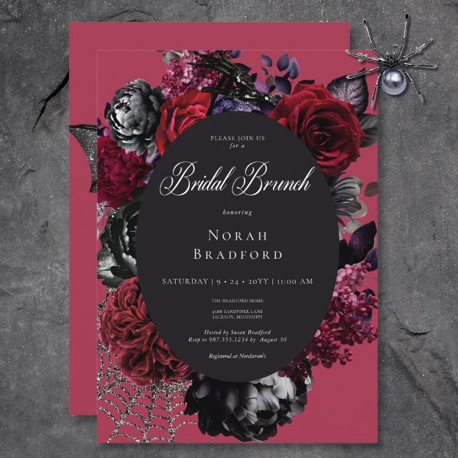 Dark Halloween Glam Floral Red Bridal Brunch Einladung (Dark Halloween Glam Floral Red Bridal Brunch Invitation)