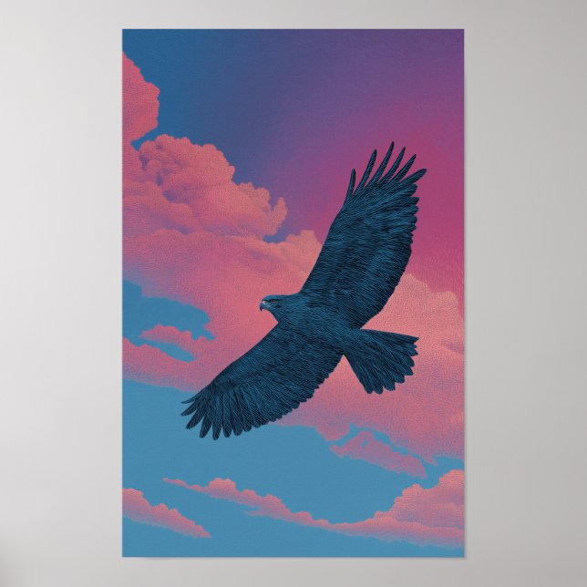 Dark hawk with wings spread across a sunset sky poster (Vorne)