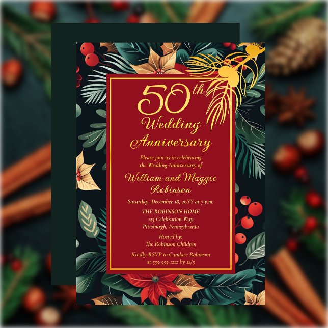 Dark Holiday Floral 50. Hochzeitstag Party Folieneinladung (Dark Floral Winter | Christmas Holiday 50th Wedding Anniversary Party Gold Foil Invitation)
