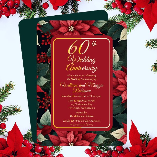 Dark Holiday Floral 60. Hochzeitstag Party Folieneinladung (Elegant Dark and Moody Christmas Poinsettia Holiday Floral 60th Wedding Anniversary Foil Invitation)