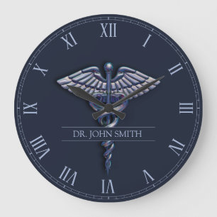 Dark Holographic 3D Medical Caduceus Chrome Name Große Wanduhr