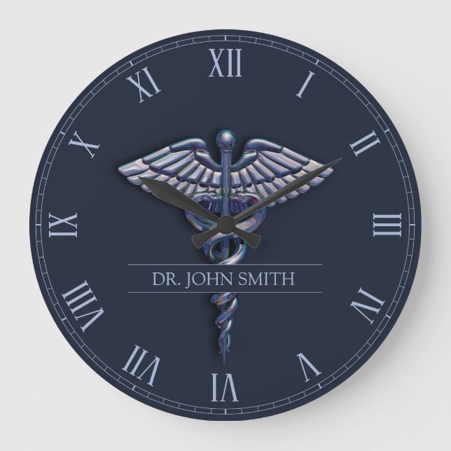 Dark Holographic 3D Medical Caduceus Chrome Name Große Wanduhr (Vorderseite)