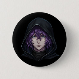 Dark Hoodie Anime Boy with Purple Hair Button
