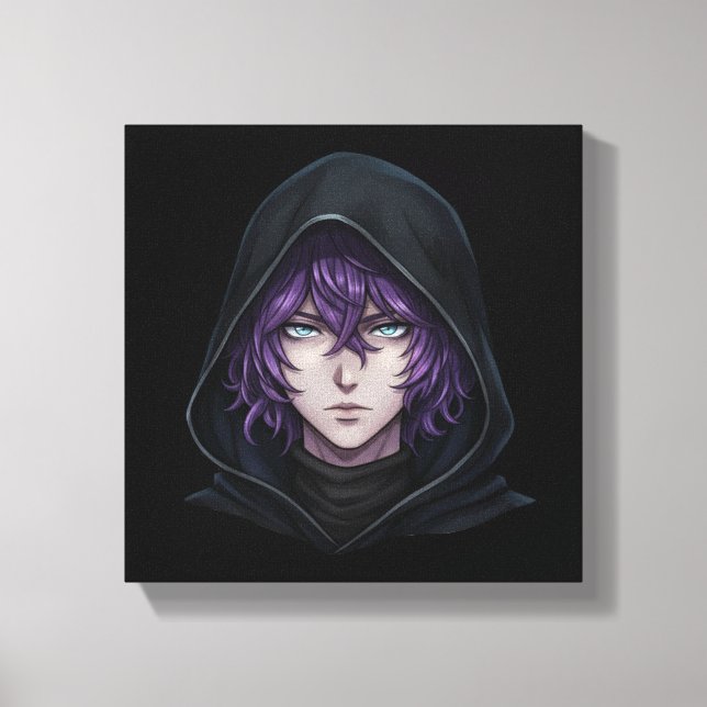 Dark Hoodie Anime Boy with Purple Hair Leinwanddruck (Vorderseite)