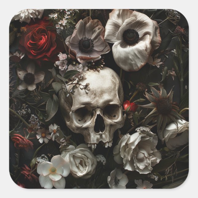 Dark Hütte Core Skulls und Blume Quadratischer Aufkleber (Vorderseite)