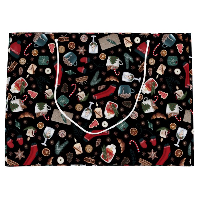 Dark Hygge Weihnachtsmuster Große Geschenktüte (Vorderseite)