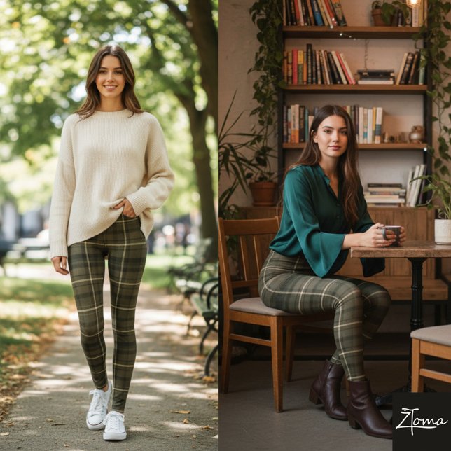 Dark Khaki Square Plaid Tartan Fabric Leggings (Von Creator hochgeladen)