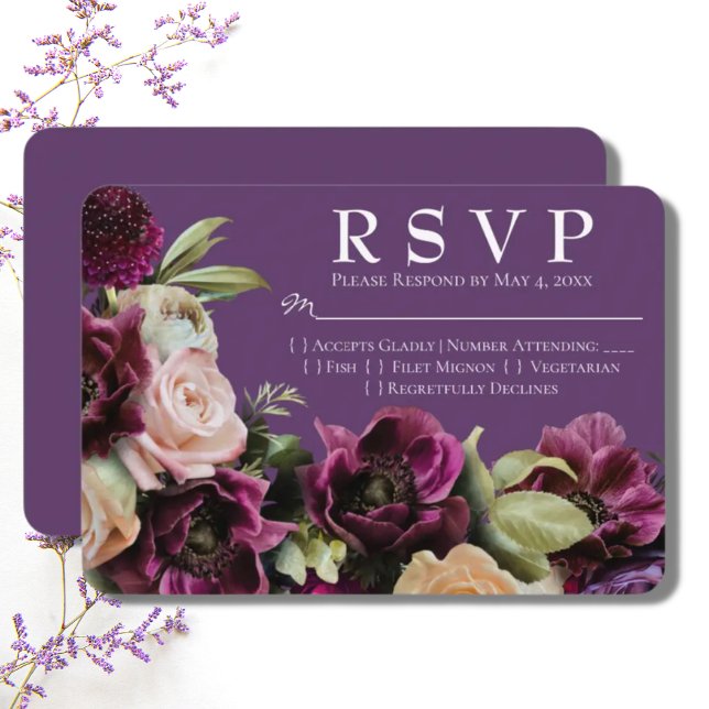 Dark Lavender Vintage Blumenzettel RSVP Card (Von Creator hochgeladen)