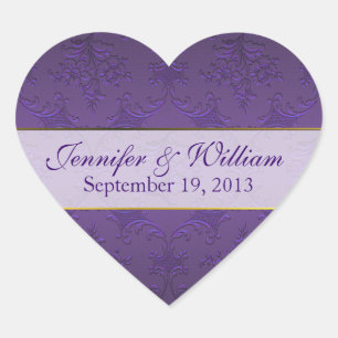 Dark Lila Damask Heart Custom Wedding Sticker
