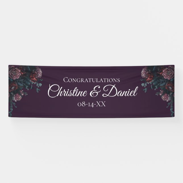 Dark Lila Floral Elegante Wedding Maroon Mauve Banner (Horizontal)