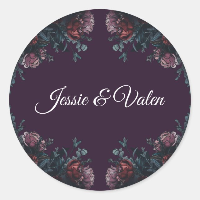 Dark Lila Floral Elegante Wedding Maroon Mauve Runder Aufkleber (Vorderseite)