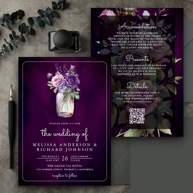 Dark Lila Floral Mason Jar QR Code Moody Wedding Einladung (Von Creator hochgeladen)