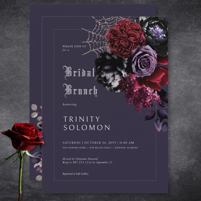 Dark Lila Floral & Silver Web Bridal Brunch Einladung (Dark Purple Floral & Silver Web Bridal Brunch Invitation)