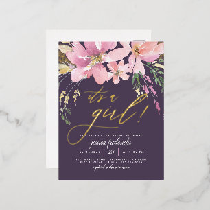 Dark Lila & Gold Es ist eine Girl Floral Baby Dusc Folie Einladungspostkarte