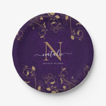 Dark Lila Gold Floral Ornaments Monogram Script