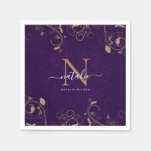 Dark Lila Gold Floral Ornaments Monogram Script