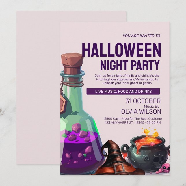 Dark Lila Illustrative Halloween-Party Einladung (Vorne/Hinten)