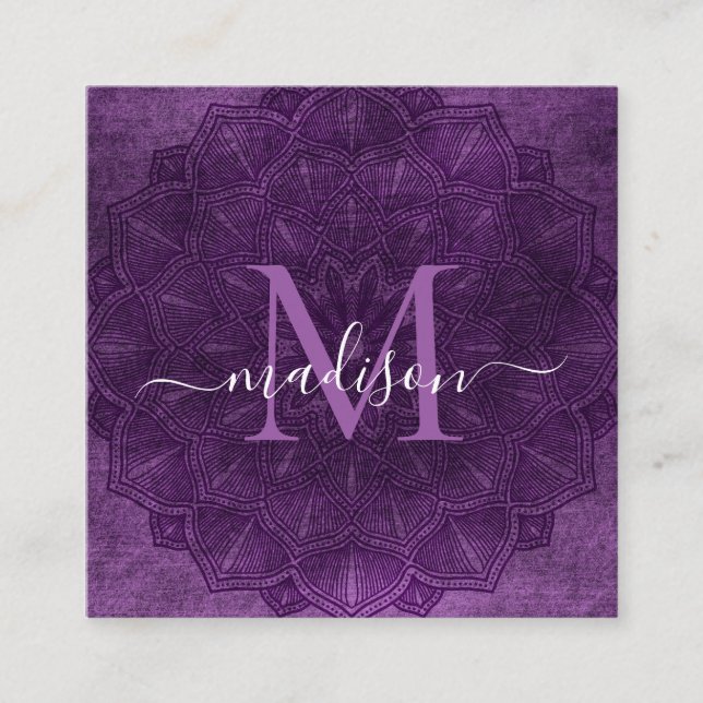 Dark Lila Mandala Lotus Blume Monogram Script Quadratische Visitenkarte (Vorderseite)