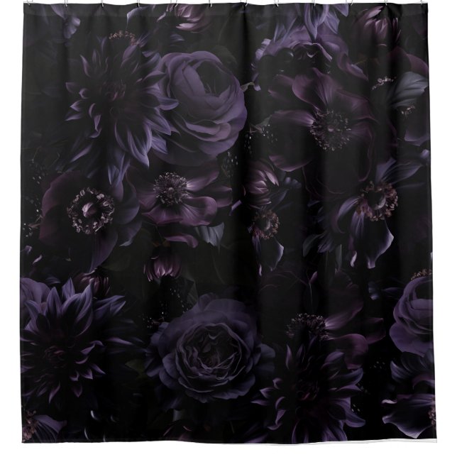 Dark Lila Moody Gothic Peonies Florals Night Duschvorhang (Vorderseite)
