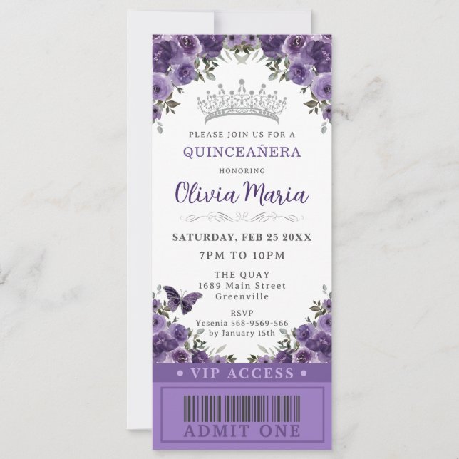 Dark Lila Plum Floral Quinceñera VIP Ticket Einladung (Vorderseite)