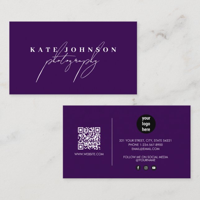 Dark Lila Signature Script QR Code Social Media Visitenkarte (Vorne/Hinten)