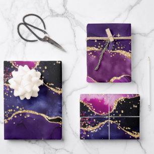 Dark Lila und Gold Glitzer Sequins Agate Geschenkpapier Set