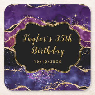 Dark Lila und Gold Sequins Agate Birthday Rechteckiger Pappuntersetzer