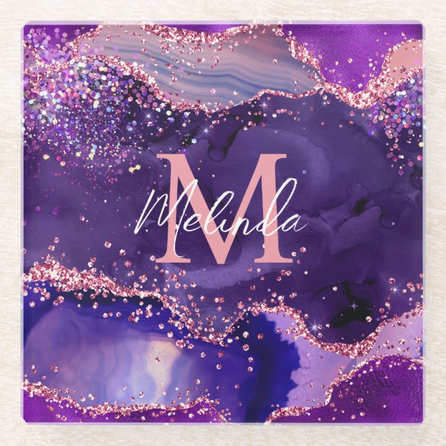 Dark Lila und Pink Glitzer Sequins Agate Glasuntersetzer (Vorderseite)