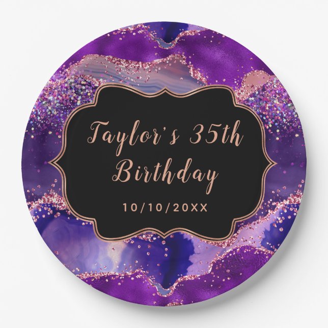 Dark Lila und Pink Sequins Agate Birthday Pappteller (Vorderseite)