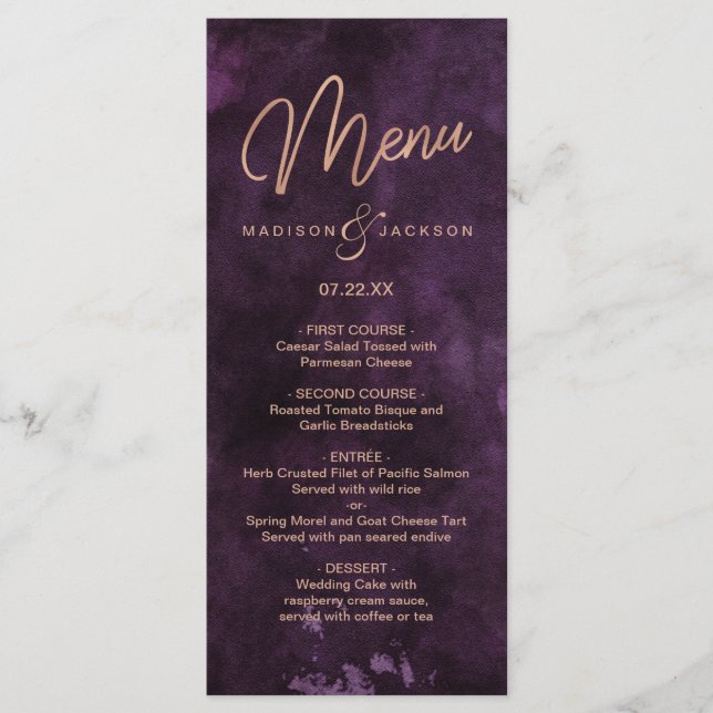 Dark Lila Watercolor & Rose Gold Wedding Menu Menükarte (Vorderseite)