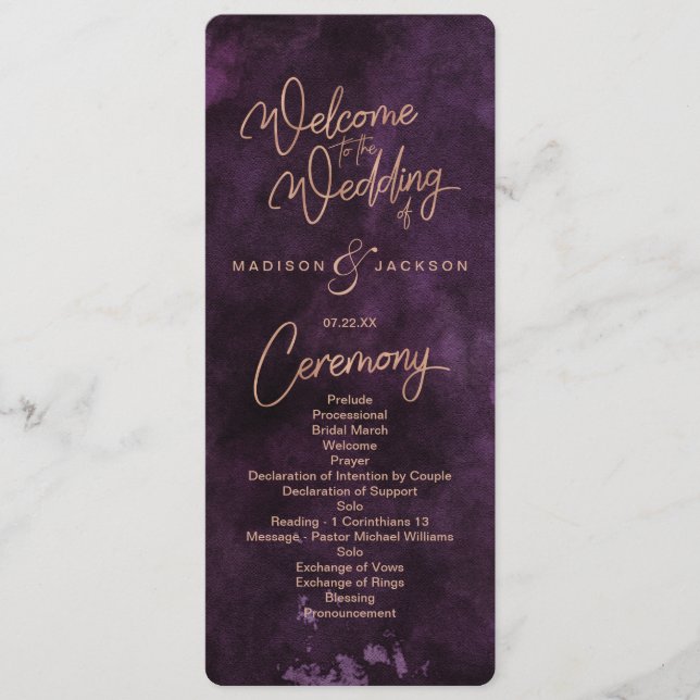 Dark Lila Watercolor Rose Gold Wedding Program Programm (Vorderseite)