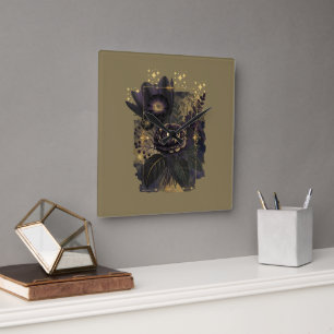 Dark Magical Floral Bouquet in Golden Frame Quadratische Wanduhr