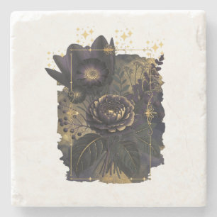 Dark Magical Floral Bouquet in Golden Frame Steinuntersetzer