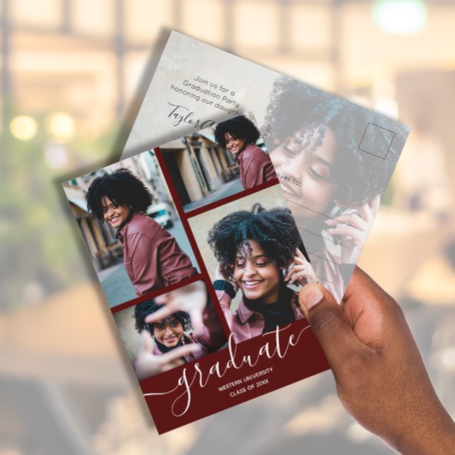 Dark Maroon Foto Graduation Party Einladung Postkarte (Von Creator hochgeladen)