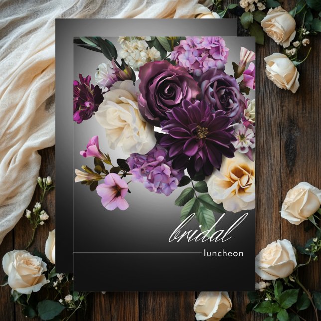 Dark Midnight Lila Floral Romance Bridal Lunch Einladung (Dark Midnight Purple Floral Romance Bridal Lunch Invitation)