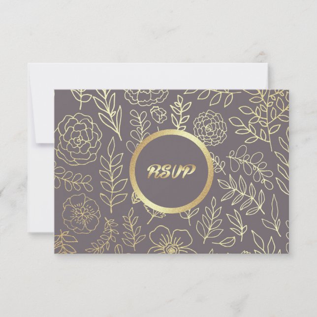 Dark Mocha | Gold Floral Muster Wedding RSVP Card (Vorderseite)