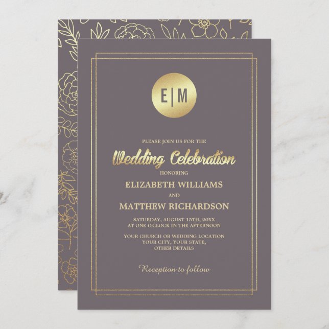 Dark Mocha Gold Floral Wedding Einladung (Vorne/Hinten)