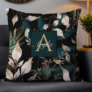 Dark Modern Boho Botanical Blätter Monogram Kissen